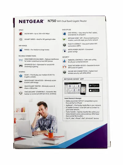The back of the NETGEAR N750 retail box, listing speed, range, connection and security features.