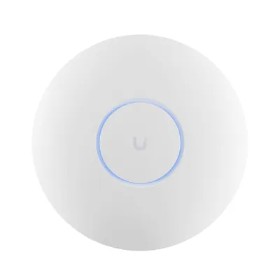Ubiquiti UniFi AP AC Pro seen from above: a plain white disc with a pale blue illuminated ring near its center.