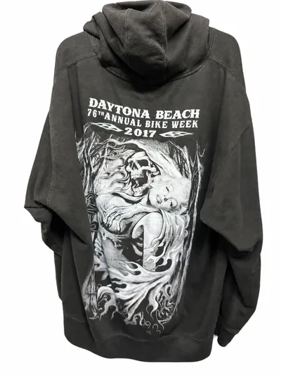 The back of the hoodie, with a large grayscale skull-and-woman motorcycle graphic under Daytona Beach 76th Annual Bike Week 2017 lettering.
