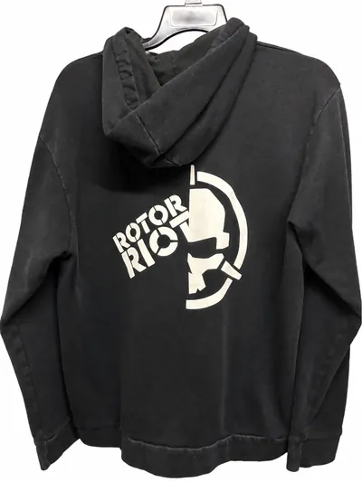 The back of the hoodie, with a large cream Rotor Riot helmet-and-skull design.