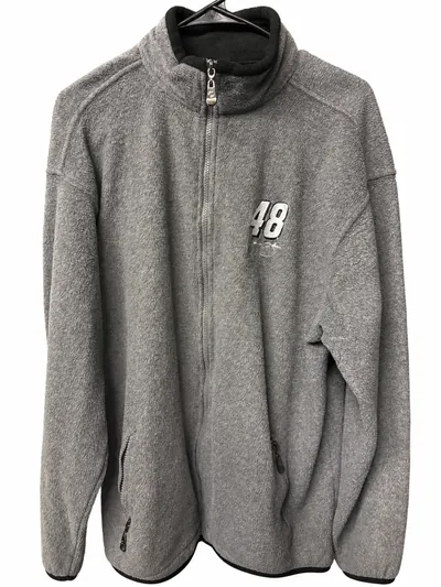 The gray full-zip fleece on a hanger, with an embroidered number 48 and a signature detail on the chest and a black-lined stand collar.