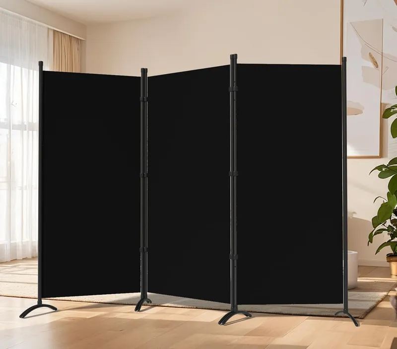 Grezone folding room divider, black, three panels. Product image showing the model, not a photograph of the unit for sale.