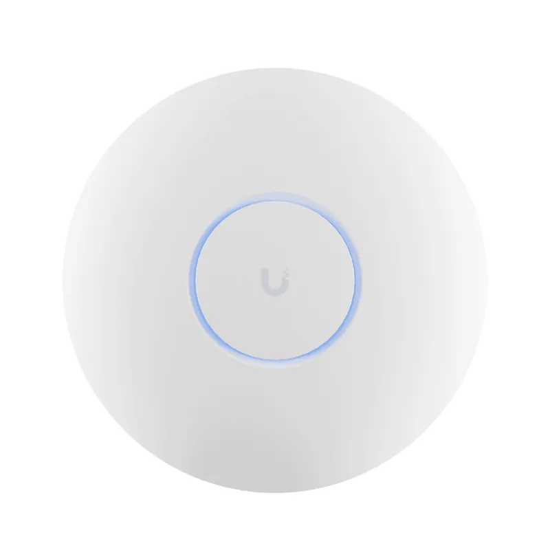 Ubiquiti UniFi AP AC Pro seen from above: a plain white disc with a pale blue illuminated ring near its center.